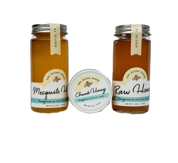Three jars of different types of honey