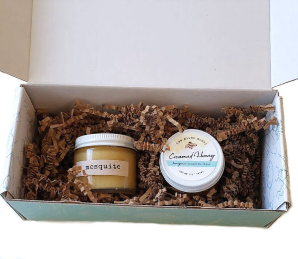 Creamed honey and mesquite creamed honey jars in gift box