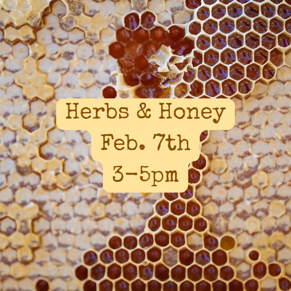 Herbs & honey Feb 7, 3-5pm - Come join Carla Salas with Two Hives Honey and Lauren Peterson with Sacred Journey School of Herbalism & White Deer Apothecary for a class on the medicinal properties of herbs and honey.